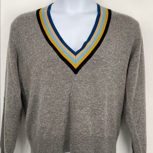 Veronica Beard Gray V-Neck Sweater with Multicolor Trim